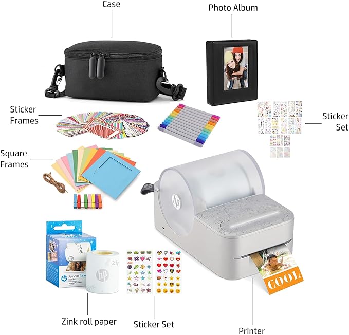 HP Sprocket Panorama Instant Portable Color Label & Photo Printer (Grey) Gift Bundle with case, Zink roll, Photo Album, Markers, Stickers and Frames