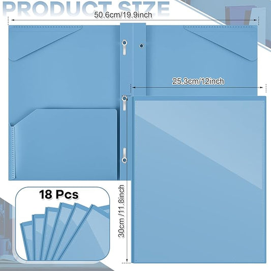 Henoyso 18 Pcs Plastic Folder with Clear Front Pocket and 3 Prong Plastic Folders with Card Slot Pocket Folders with Prongs for School Office (Haze Blue)