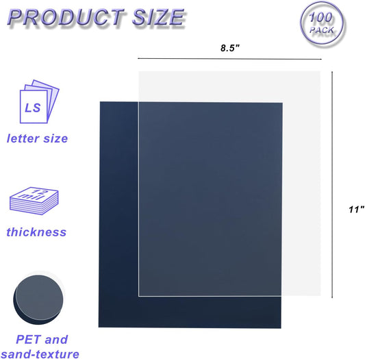 100 Pack Binding Covers Set, 8.5x11 Inches, Including 50 Pcs 12 Mil Ultra Clear PET Binding Covers, 50 Pcs 12 Mil Navy Sand Textured