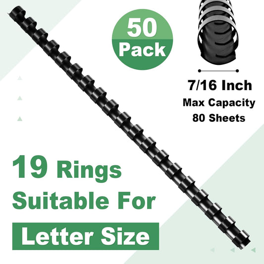HOUYEE 19 Ring Black Plastic Binding Comb,7/16 Inch Diameter,80 Sheets Capacity,Letter Size,50 Pack