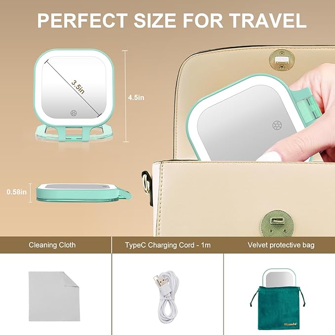 Mocado Compact Travel Makeup Mirror, 1X/10X Magnifying Mirror with Light, Double Sides Compact Mirror with 3 Color Light, Dimmable Handheld Mirror, Rechargeable Travel for Purse,Pocket(Green)