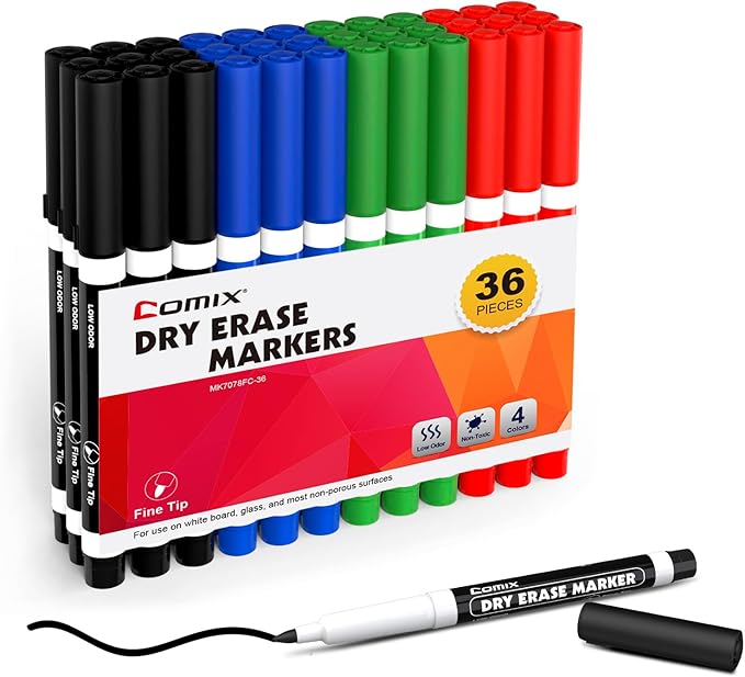Comix Fine Tip Dry Erase Markers, Low Odor Whiteboard Markers, 36 Bulk 4 Assorted Colors Markers for Kids Teachers Office & School Supplies