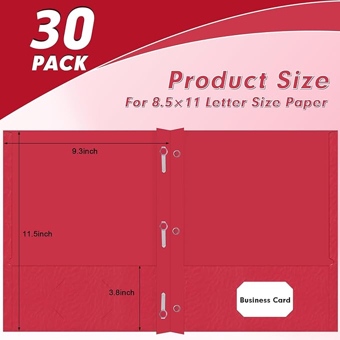 Two Pocket Folders, PANDRI 30 Pack Two Pocket Folders with Prongs, 3 Prong Folders Designed for Office and Classroom, Letter Size Red