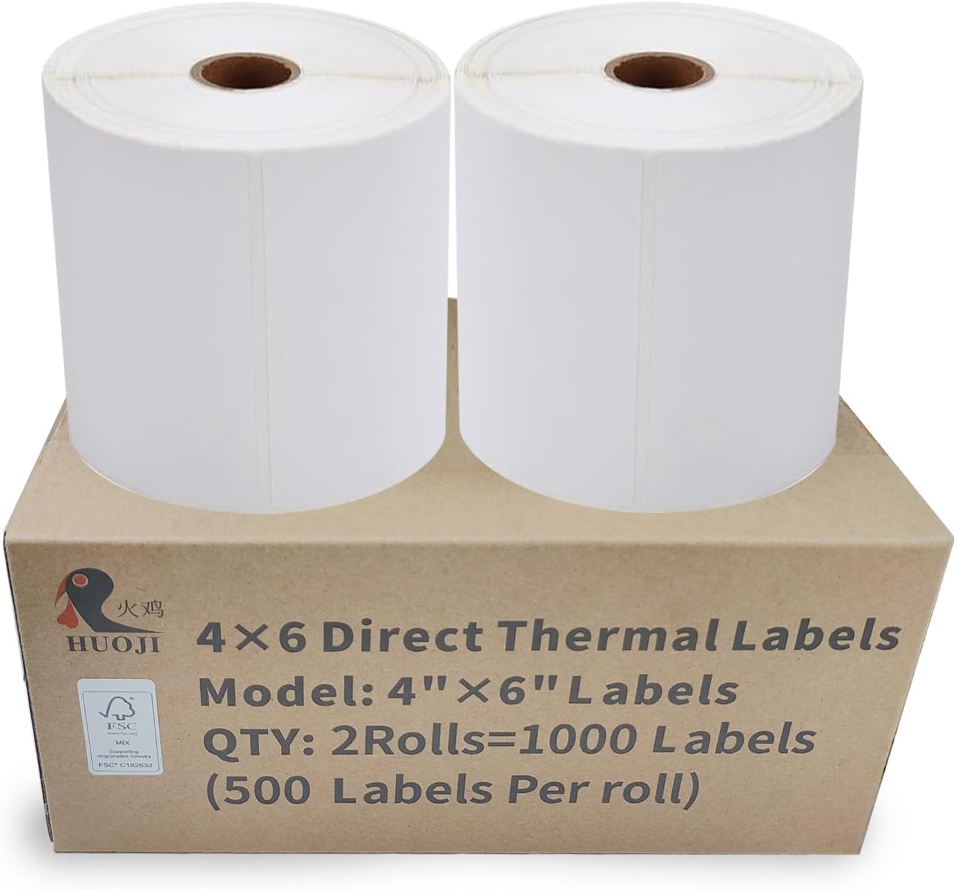 HUOJI 4x6 Thermal Shipping Labels 1000 Labels/2 Rolls (500 Pcs per Roll) Compatible with Rollo, Zebra, MUNBYN, Jadens, Nelko, Commercial Grade