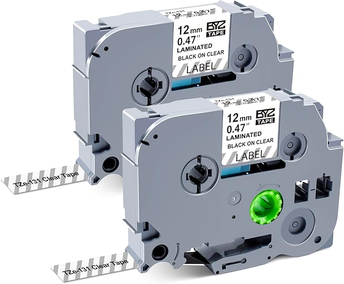 BOYEEZON 2Pack TZe-131 Label Maker Tape 12mm 0.47 Laminated Clear, Compatible for Brother P Touch TZe-131 Black on Clear Tape for PTH100 PTD210 PTD220 PTD600, 26.2'(8M)