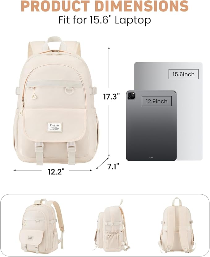 School Backpack for Teen Girls, 15.6 Inch Laptop Backpack Women Kids Bookbag for Middle High School Cute College Bag for Students, Beige