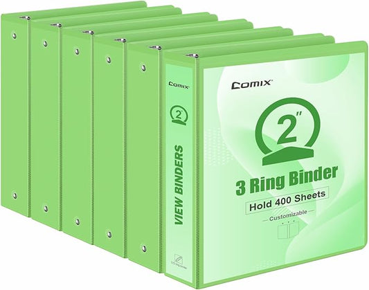 COMIX Standard 3 Ring Binder 2 inch with Clear View Cover, 2" Round Ring View Binder Holds 400 Sheets of US Letter Size Paper, 6 Pack (Light Green)