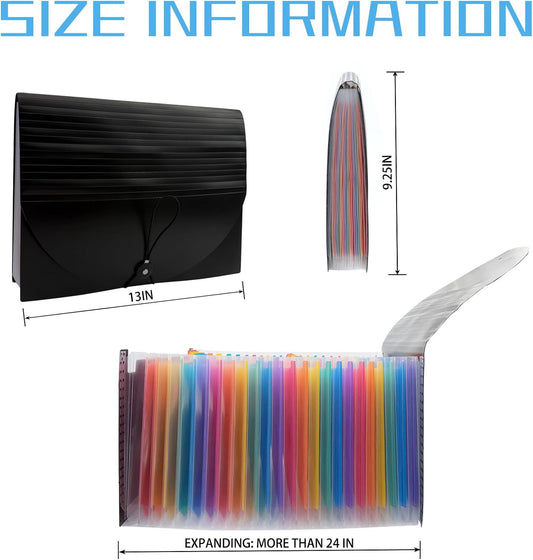 25 Pockets Plastic Expanding File Folders with Tabs, Black Accordion File Organizer, Portable Expandable Filing Box, Desktop Folder for School Office Letter A4 Paper Document Receipt Storage