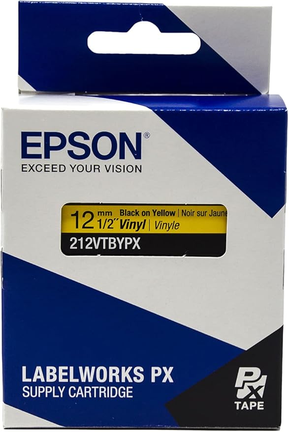 Epson LABELWORKS 212VTBYPX Genuine Tape Cartridge - Black on Yellow Flexible and Durable Vinyl Industrial Label Maker Tape - 1/2" (12MM) Wide, 22.9 ft