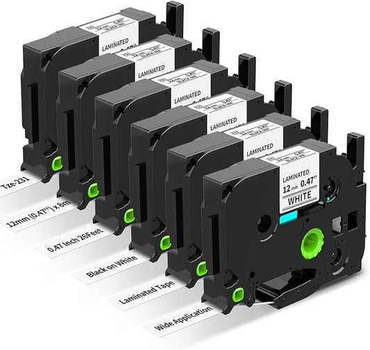 Freshworld 6-Pack Replace for Brother Label Maker Refills Tze-231 12mm 0.47 Black Ink on White Tape Compatible with Brother P-Touch Label Tape TZe231 for PT-D210 D220 H110 D400 D600 610BT P700 Cube