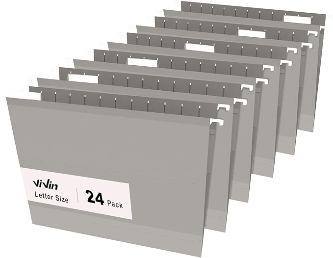 ViVin Hanging File Folders, 1/5-Cut Adjustable Tabs with 24 Per Box, 2 Inch Expansion, 24 Pack Letter Size Hanging File Folders, Designed for Office Home School Filing Cabinet(Gray)