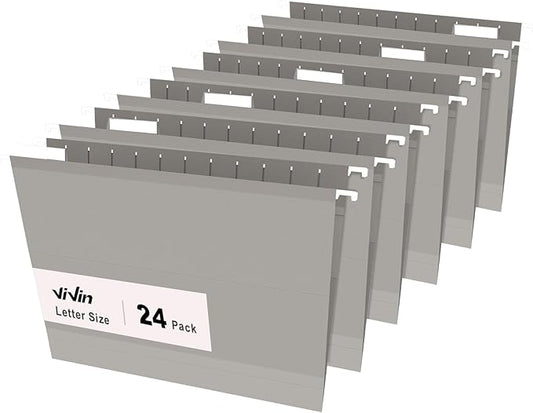 ViVin Hanging File Folders, 1/5-Cut Adjustable Tabs with 24 Per Box, 2 Inch Expansion, 24 Pack Letter Size Hanging File Folders, Designed for Office Home School Filing Cabinet(Gray)