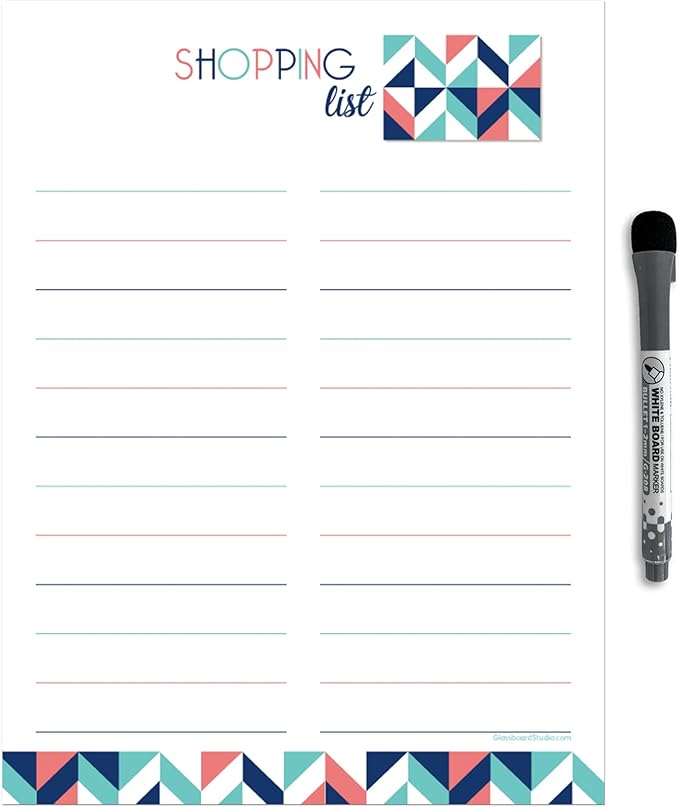 Dry Erase Shopping List Vinyl Sticker Decal Whiteboard by Glassboard Studio | Removable & Reusable | Magnetic Fine-Tip Marker Included (9 x 12 inches, Geometric)