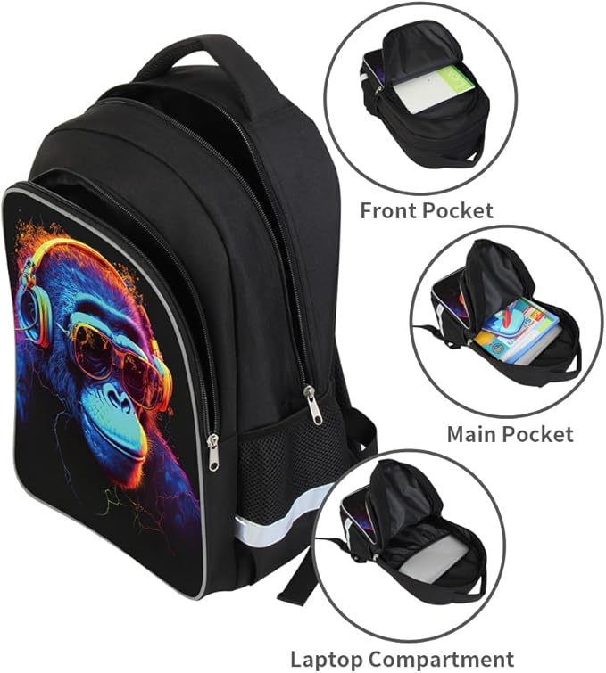 Kids Backpack, 3D Reflective Cartoon, 600D Polyester & Dual Zippers, 17" Bookbag with Ergonomic Design for boys & girls age 6-18, Gorilla Space Style for school Children Kids