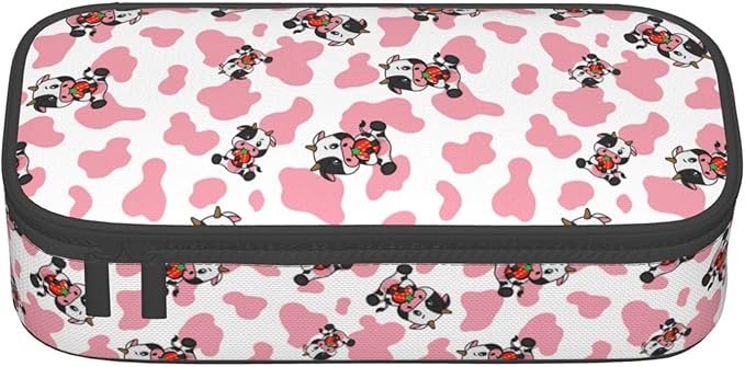 Pink Cows Strawberry Print Large Pencil Case With Zipper Compartments Stationery Pencil Bag For Kids Teens Students School Supplies