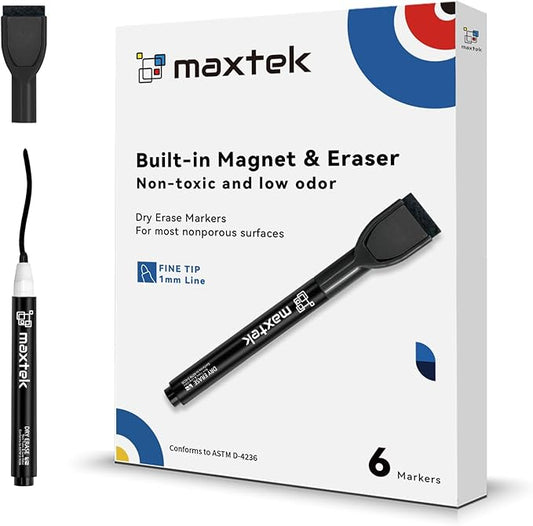 maxtek Magnetic Black Dry Erase Markers, 6 Count Fine Tip Whiteboard Markers with Eraser, Thin Markers Low Odor for Classroom, Office, Home