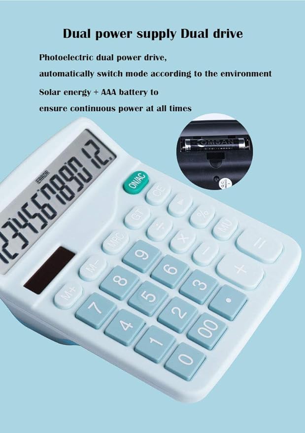 YOUHO Office Desk Calculator, 12-bit Solar Battery Dual Power Standard Function Electronic Calculator with Large LCD Display (1PACK，Blue)