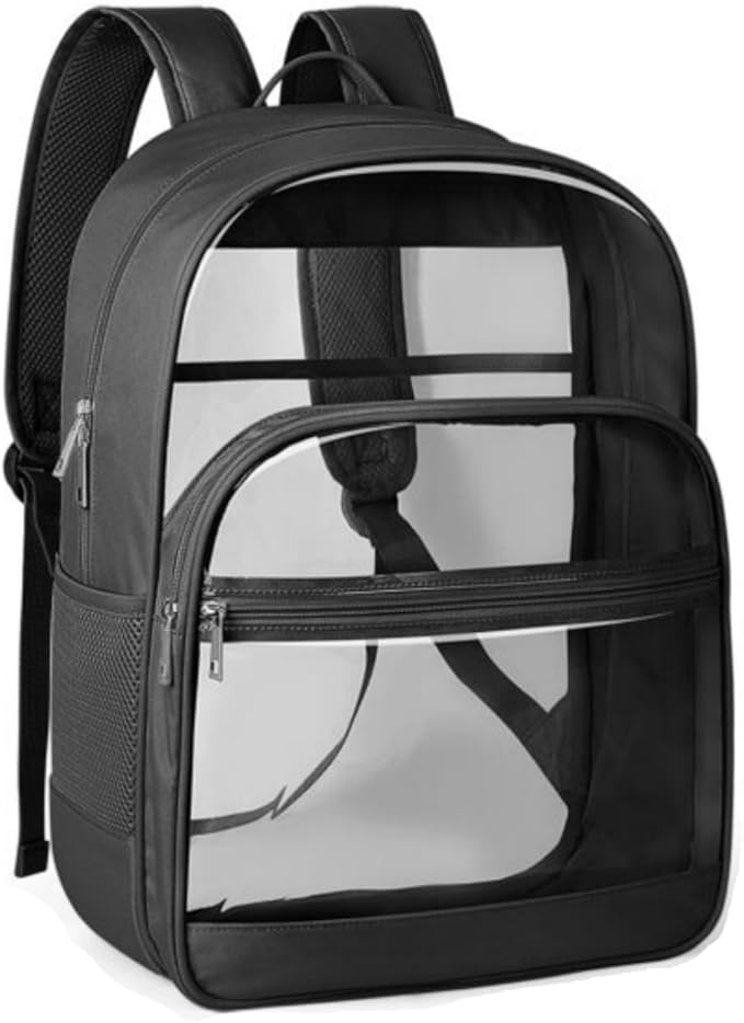 Clear Backpack, Heavy Duty Transparent Bookbag for School, Fabric & PVC Transparent Backpack with Reinforced Strap for Women Men, Capacity Clear Bag for College, Travel, Security, Black