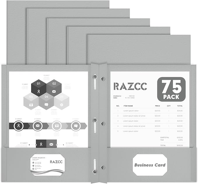 Two Pocket Folders, RAZCC 75 Pack Two Pocket Folders with Prongs, 3 Prong Folders Fit Letter Size Paper, Pocket File Folders for School Office Home Business, Grey