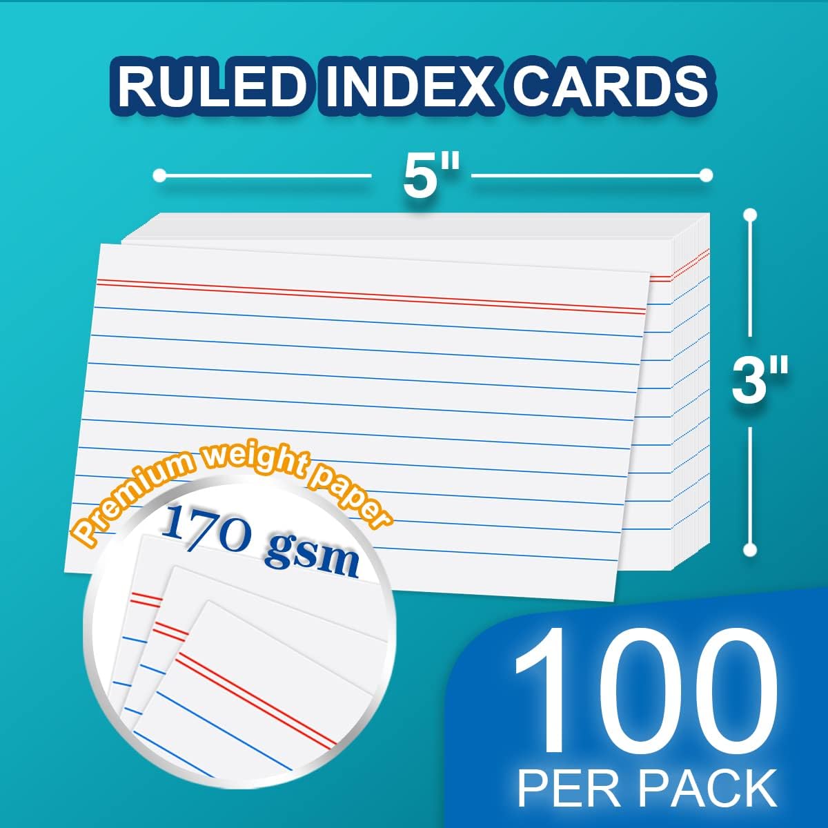 H4D 3x5 Index Card Case with 100 Heavyweight Ruled Index Cards and Dividers, Teal