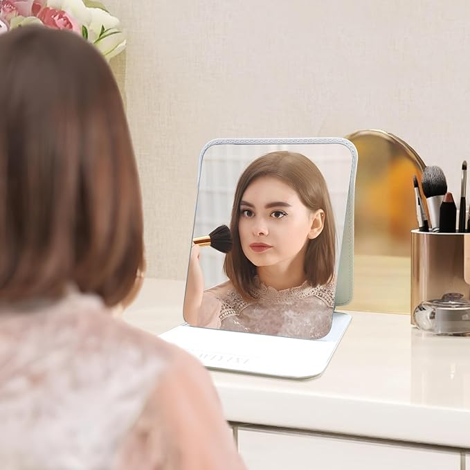gogofree Foldable Desktop Mirror, 8" × 6" Adjustable Angle Makeup Mirror with Stand, Black Small Mirror for Travel Camping and Home (White)