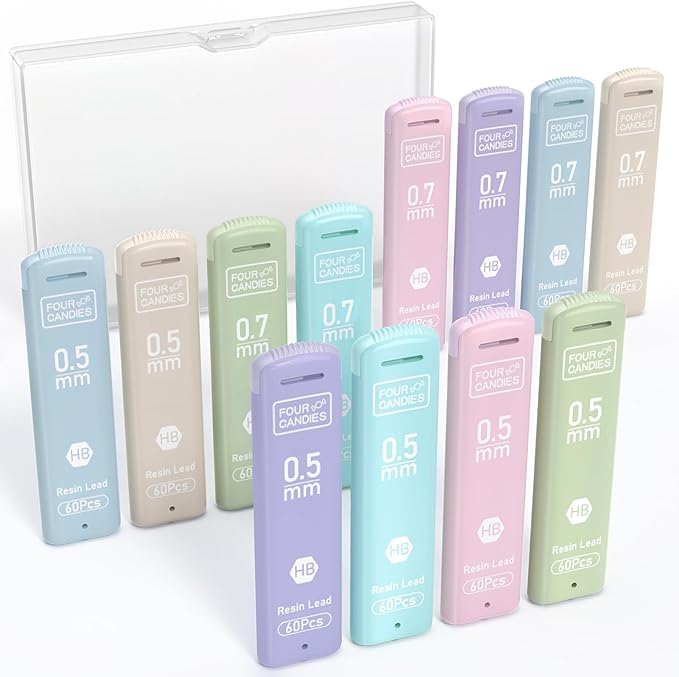 Four Candies 0.5/0.7mm Lead Refills in Case, Pack of 720 PCS Black HB #2 Break Resistant Mechanical Pencil Refills, 12 Tubes (6 of Each Size), 60 Pieces per Tube