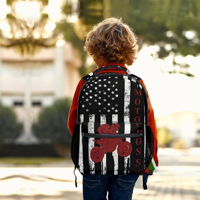 Dirt Bike Backpack for Boys American Flag Motocross School Bookbag Vintage Black White and Red Racing Motorcycle College Shoulders Back Pack for Travel Hiking Camping