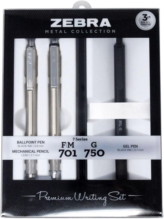 Zebra Pen Premium Writing Gift Set 3-Pack, Black Ink, Medium/Fine Point, Includes G-750 Gel Pen, F-701 Ballpoint Pen, and M-701 Mechanical Pencil, Metal Barrels, Refillable (10513)