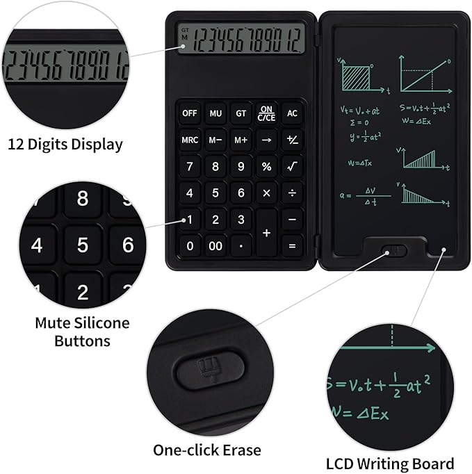 Desk Portable Basic Calculator with Notepad and Stylus, 12 Digit Large Display Multi-Function for Office, School, Home & Basic Financial (Black)