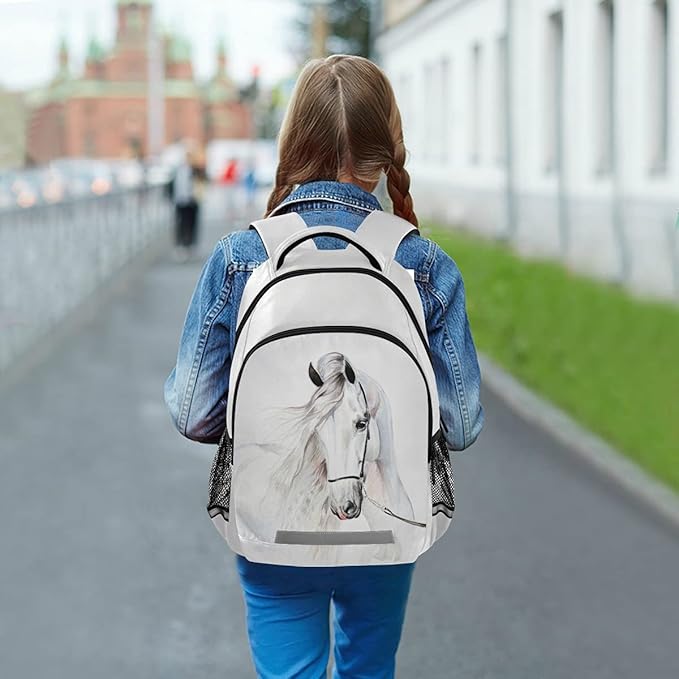 White Horse Backpack for Students Boys Girls School Bag Travel Daypack