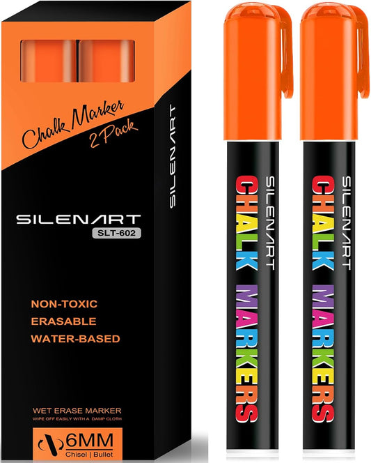 SILENART Orange Chalk Markers 2 Pack - Orange Dry Erase Markers Pen - Liquid Chalk Markers for Chalkboard, Window, Glass, Mirror, Blackboard