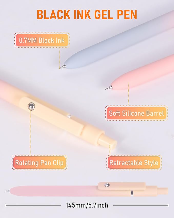 FIOVER Gel Pens, 5pcs Black Ink Medium Point 0.7mm Smooth Writing Pens with Comfort Grip, Aesthetic Ballpoint for Journaling School Office Supplies, Gifts for Women Men(5PCS Gradient Black Ink)