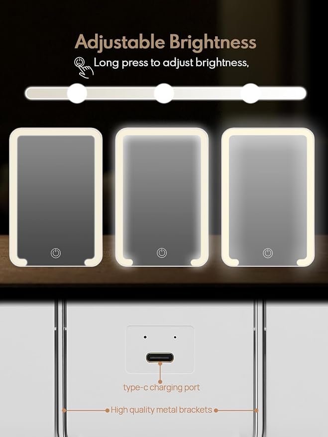 Qislee Magnetic Locker Mirror, 8 x 5 inches Travel Makeup Mirror with Light and Foldable Stand, 3 Color Modes Touch Dimming, Perfect Travel Accessory, White