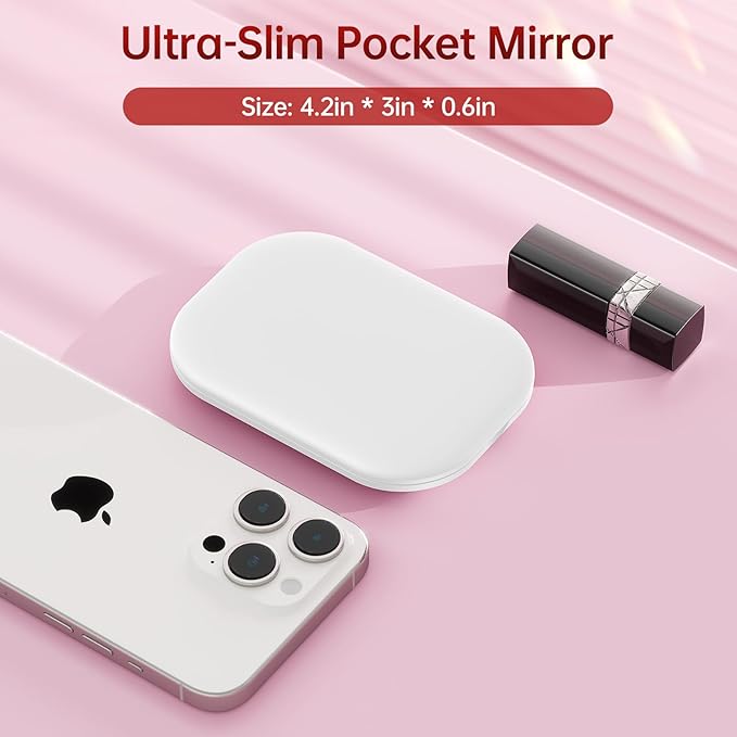 Benbilry Lighted Compact Travel Mirror with 3 Color Lights, 1X/3X Magnifying Ultra Slim Rechargeable Pocket Mirror for Purse, 2-Sided, Handheld, Folding, Portable, White