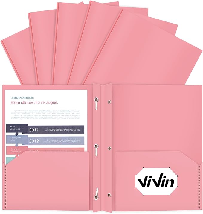 ViVin 12-Pack Durable 3-Prong Plastic Folder, Heavy Duty Pocket Folder with Brads, Pastel Color, Letter Size Poly Folders with 2 Pockets, Cute Folders for Kids, Students, Teachers and Officer (Pink)