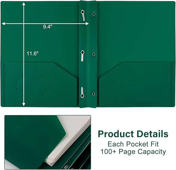 60-Pack Plastic Folders with Pockets and Prongs,2-Pocket Folders with 3 Fasteners, Poly Folders Holds 8-1/2" x 11" Paper for School/Office/Home