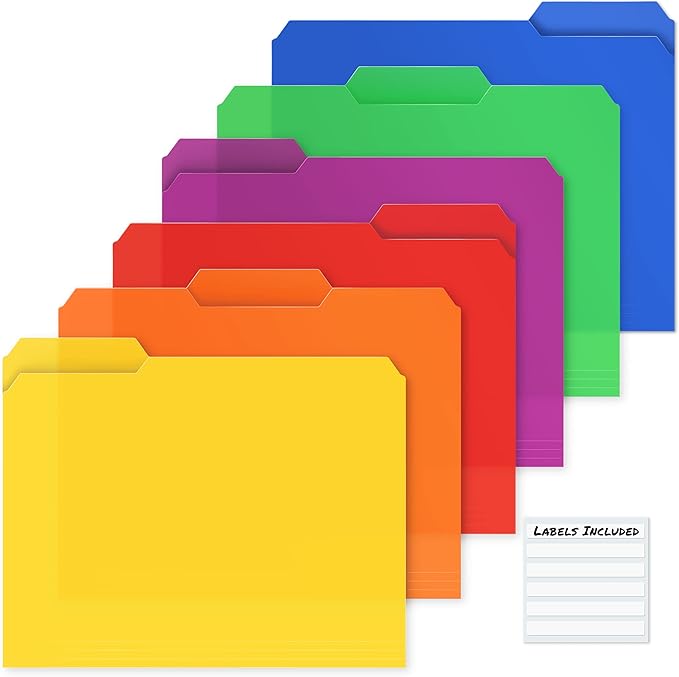 Dunwell Plastic Colored File Folders (24 Pack), Colorful 1/3 Tab Filing Folders for Letter Size Documents, Manila Sleeves 8.5 x 11, Acid-Free Poly for Long Term Storage, Includes Labels