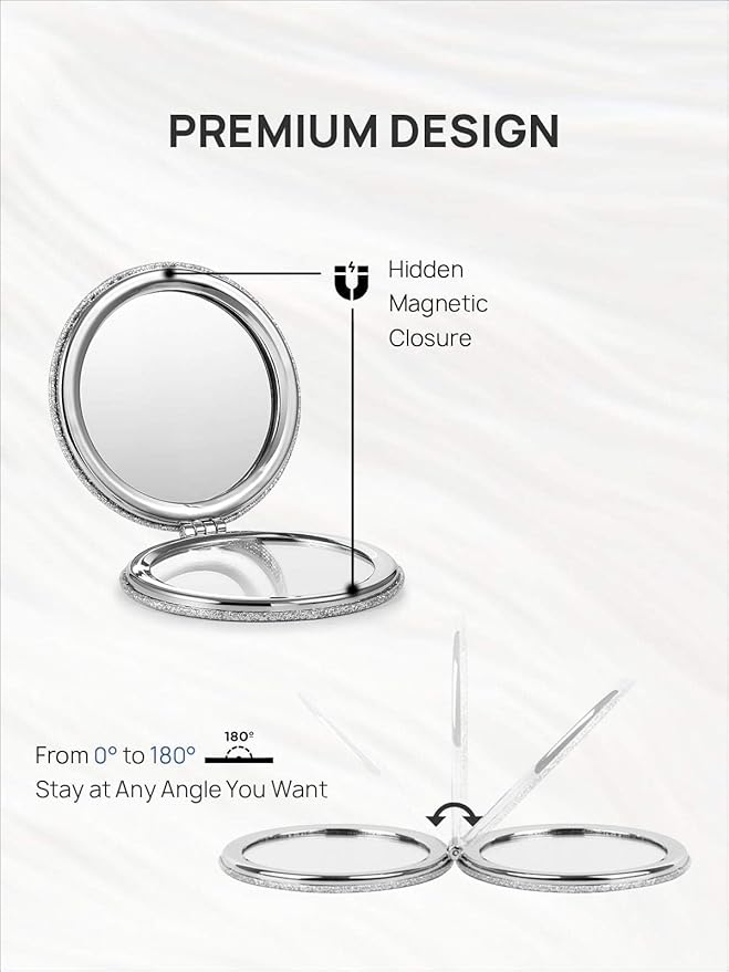 OMIRO 1X/10X Magnifying Compact Mirror with PU Leather, Ultra-Portable for Purses and Travel, Round Silver