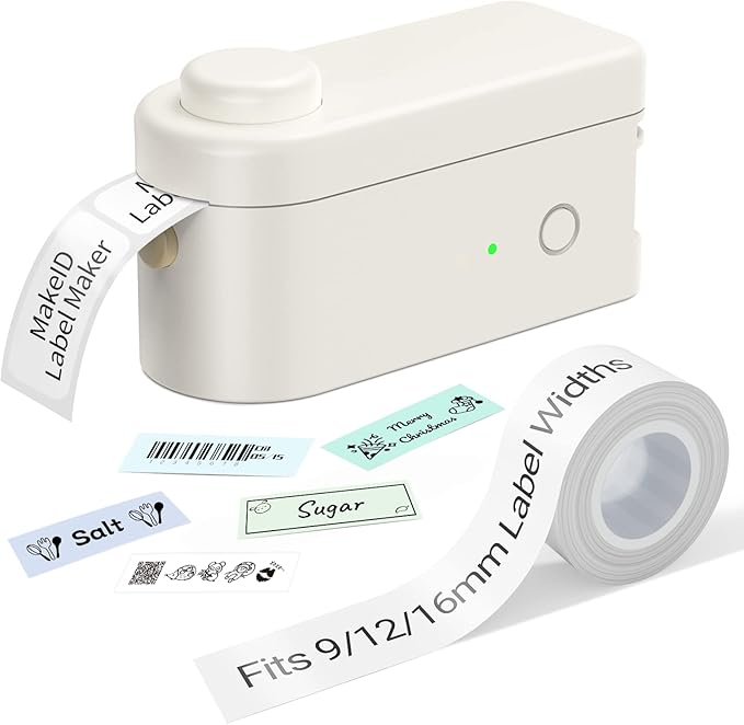Makeid Label Maker Machine with Tape - Compatible with 9/12/16mm Waterproof Tape, Portable & Rechargeable with Built-in Cutter Wireless Label Printer Compatible with Android & iOS Devices