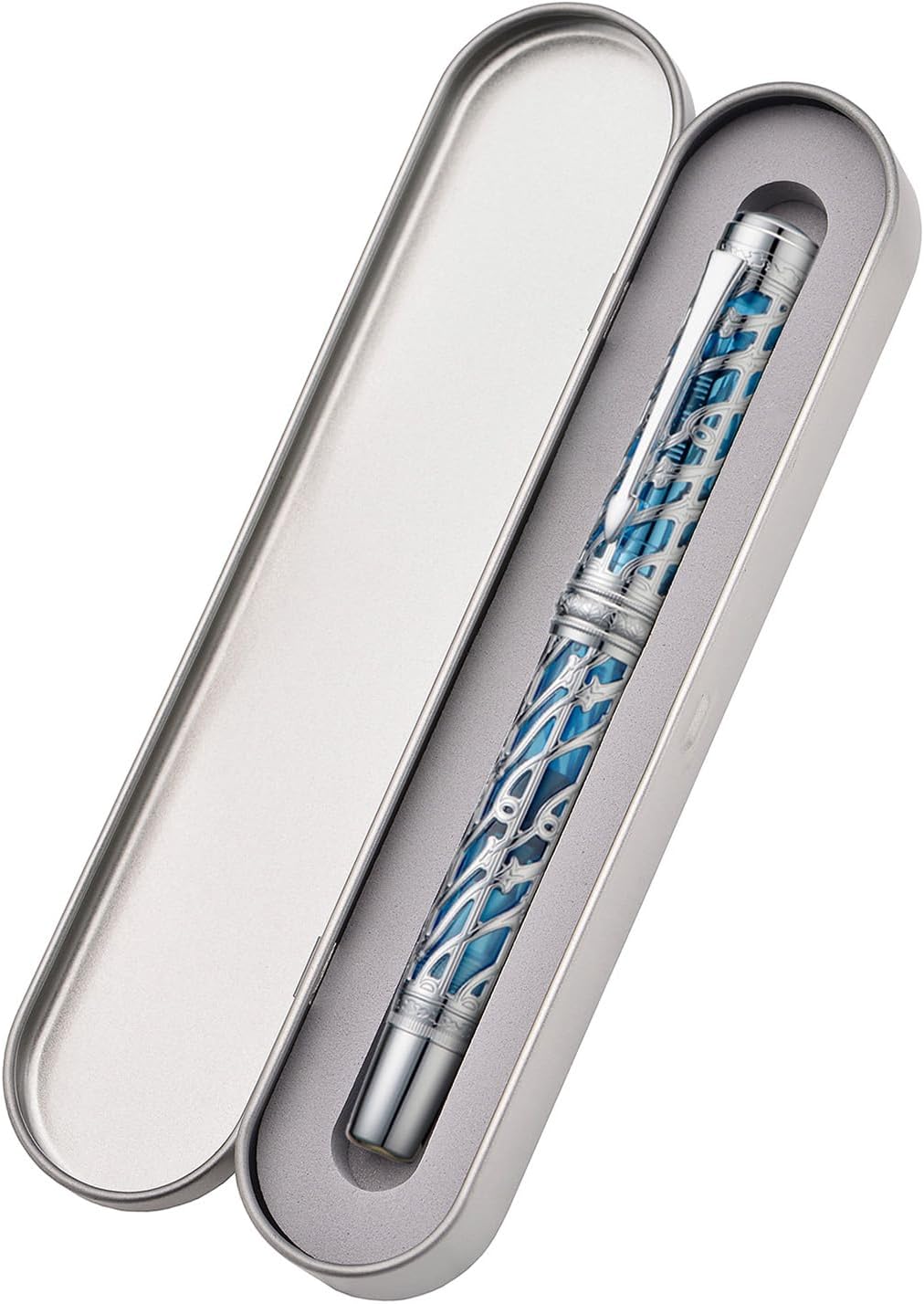 Hongdian A6 Piston Fountain Pen Extra Fine Soft Nib, Silver Blue Hollow Skeleton & Resin Pen with Metal Case Set