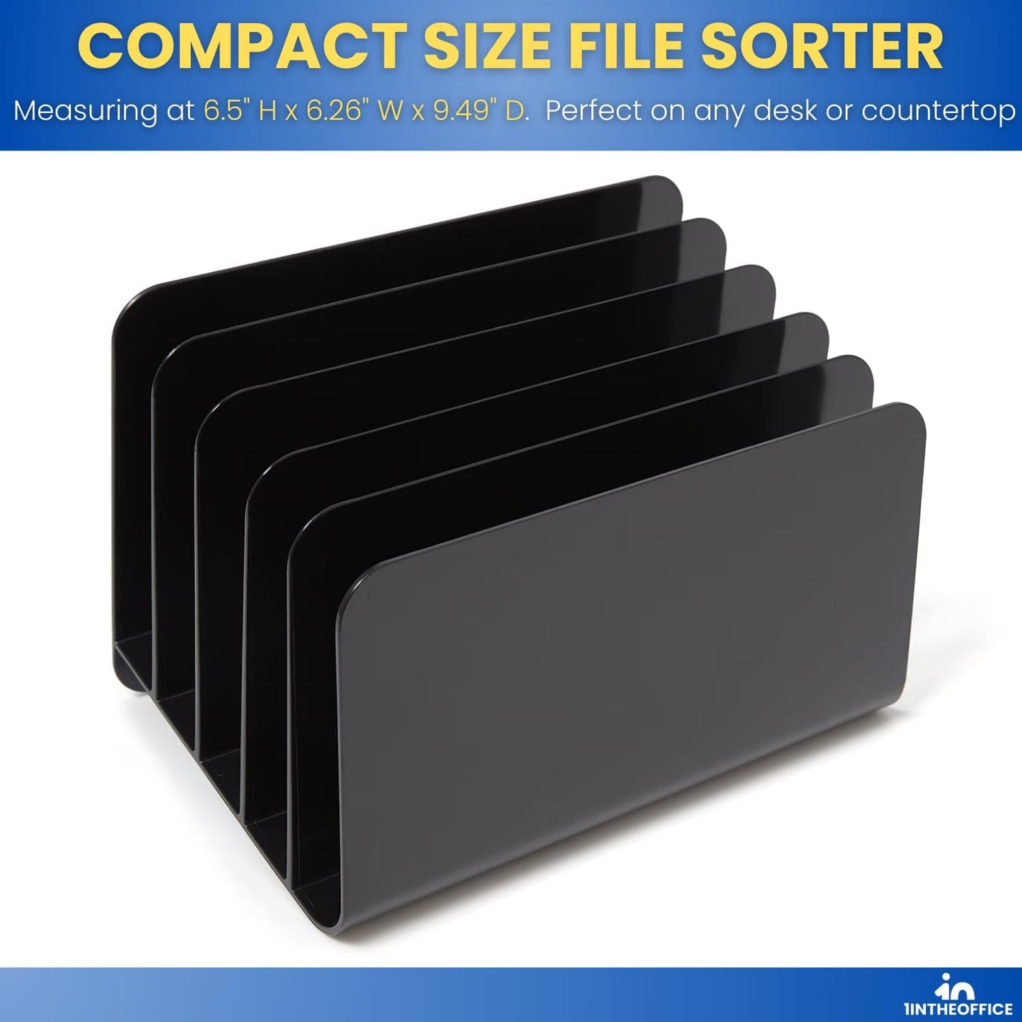 1InTheOffice Inclined File Organizer Desktop, Desk Organizer File Sorter, Plastic Incline Desktop File Sorter, 5 Compartments, Black