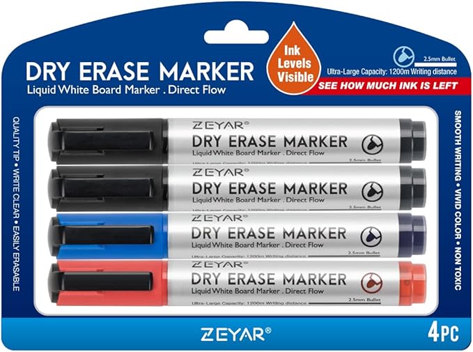 ZEYAR Dry Erase Marker Low-Odor Bullet Tip, Ultra-Large Capacity, Advanced Direct Flow Structure, Whiteboard Marker for School, Office, Home, 4 Count (2 Black,Blue,Red)