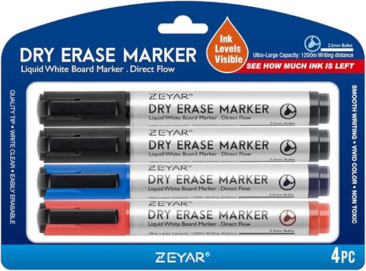 ZEYAR Dry Erase Marker Low-Odor Bullet Tip, Ultra-Large Capacity, Advanced Direct Flow Structure, Whiteboard Marker for School, Office, Home, 4 Count (2 Black,Blue,Red)