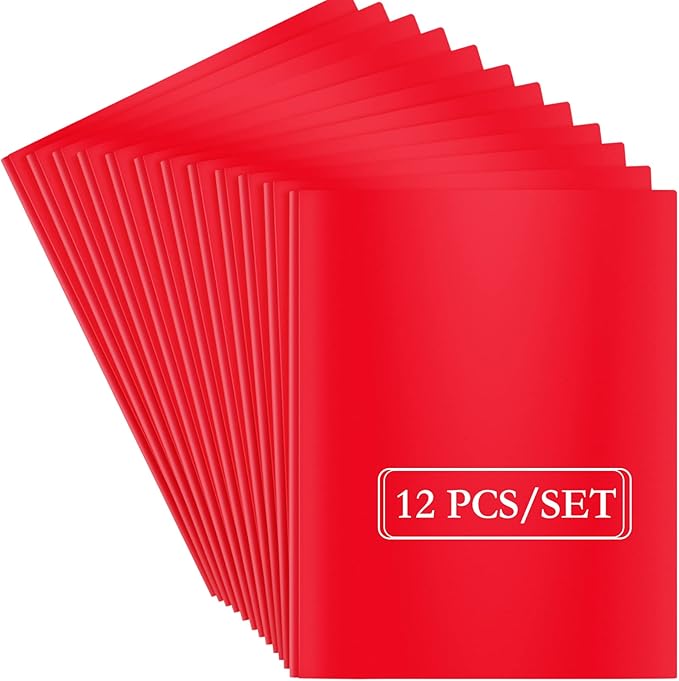 ViVin 12-Pack Sturdy Plastic Folders with Pockets, 2-Pocket Poly File, Plastic Folders with 3 Prongs Fasteners, fits 8.5 * 11 Letter Size Sheets, for School/Home/Office (Red)
