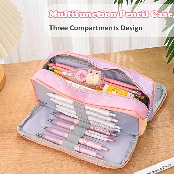 Glitter Rainbow Pencil Case for Girls, Large Capacity Pencil Pouch Pen Bag Organizer with 3 Compartments for Kids Student School Office Supplies, Cute Pencil Holder Pen Box Stationary Bag