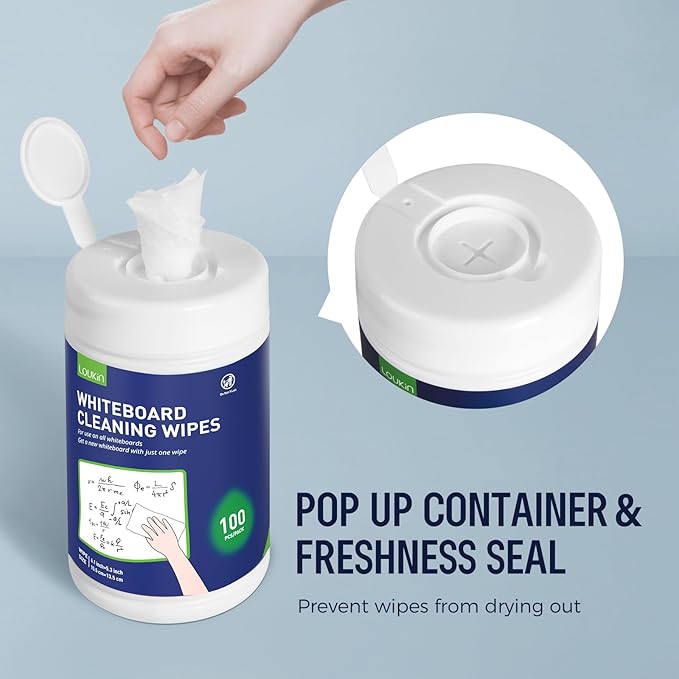 Loukin Whiteboard Cleaning Wipes, Dry Erase Board Cleaning Wipes, Non-toxic White board Wipes, 100 Wipes per Canister, 6 Pack