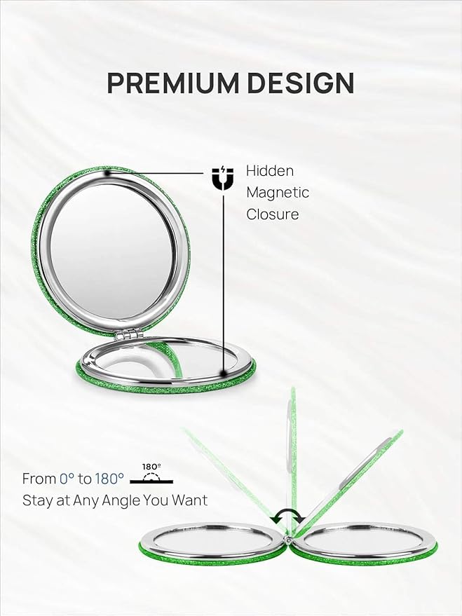 OMIRO 1X/10X Magnifying Compact Mirror with PU Leather, Ultra-Portable for Purses and Travel, Round Green