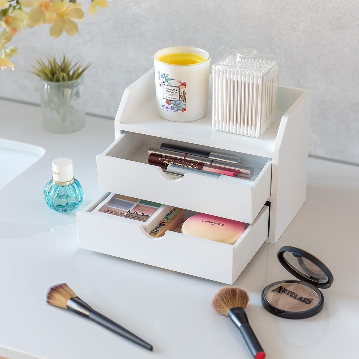 ROSE BLOOM White Wood Desk Organizer with 2 Drawer, Mini Cute Cabinet with Storage Shelf for Tabletop, Small Desktop Box Organizer for Cosmetic Office Supplies