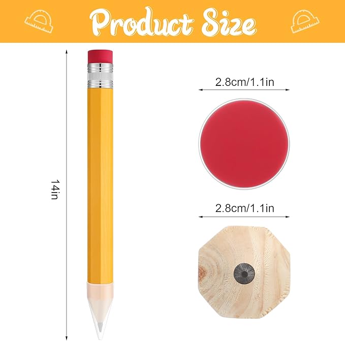 Leinuosen 12 Pcs Wooden Jumbo Pencils for Prop Gift Decor 14 Inch Giant Big Large Funny Novelty Comically Yellow Pencil with Eraser for School Office Party Favors
