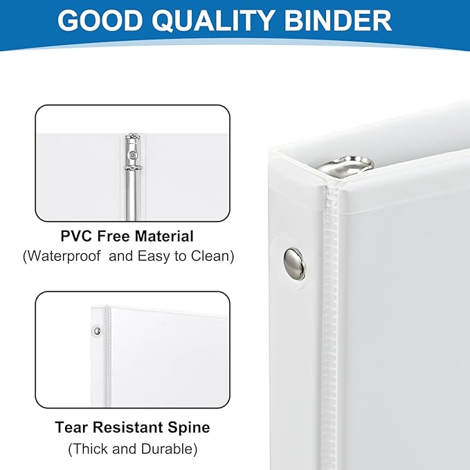 1 inch 3-Ring Binder, 1" Round Ring Binders with 2 Inside Pockets, View Basic 1 in Binders, Clear View Cover 1-inch-Binder Holds 8.5'' x 11''Paper for Office/Home/Back to School（Pack of 12, White